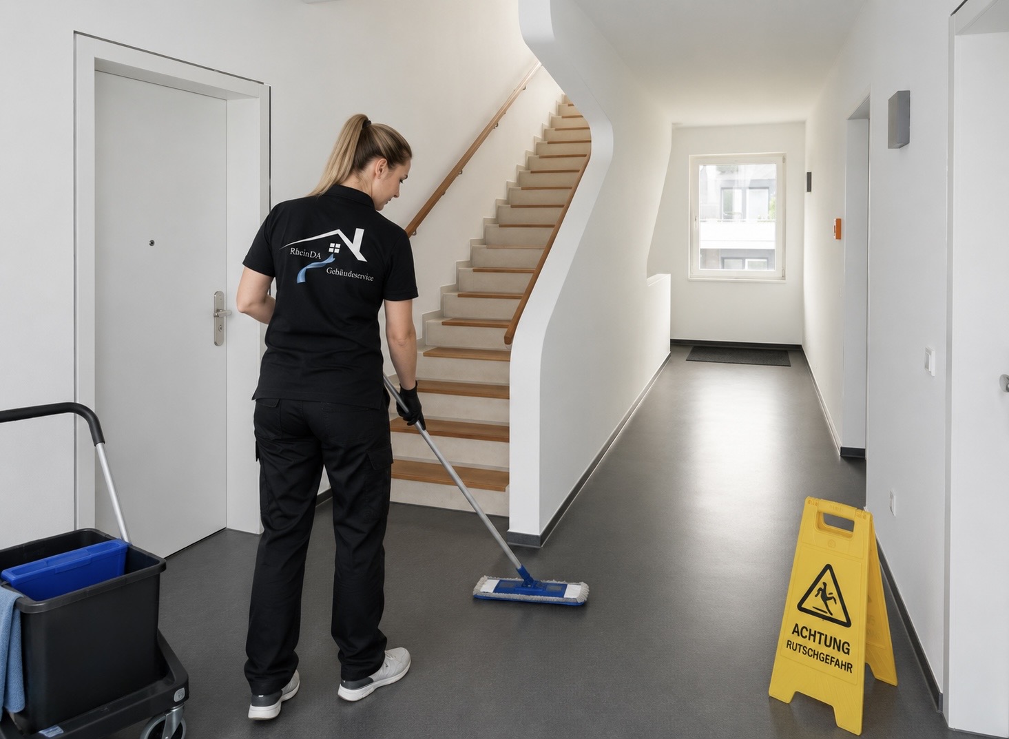 RheinDA Mitarbeiterin bei der Treppenhaus-Reinigung